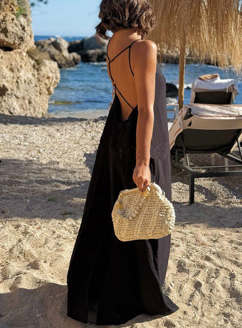 Beach Casual V-Neck Back Cross Backless Cami Maxi Dress