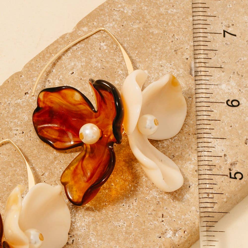 Resin And Pearl Flower Petal Dangle Threader Earrings