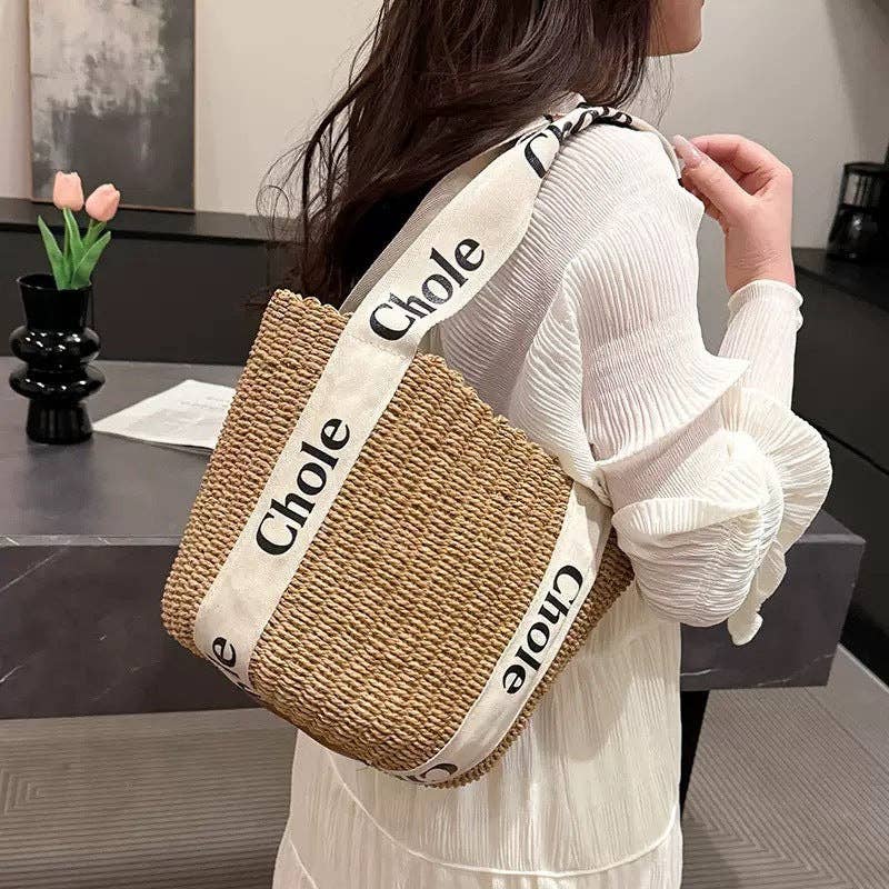Letter Print Woven Bucket Bag Tote Bag