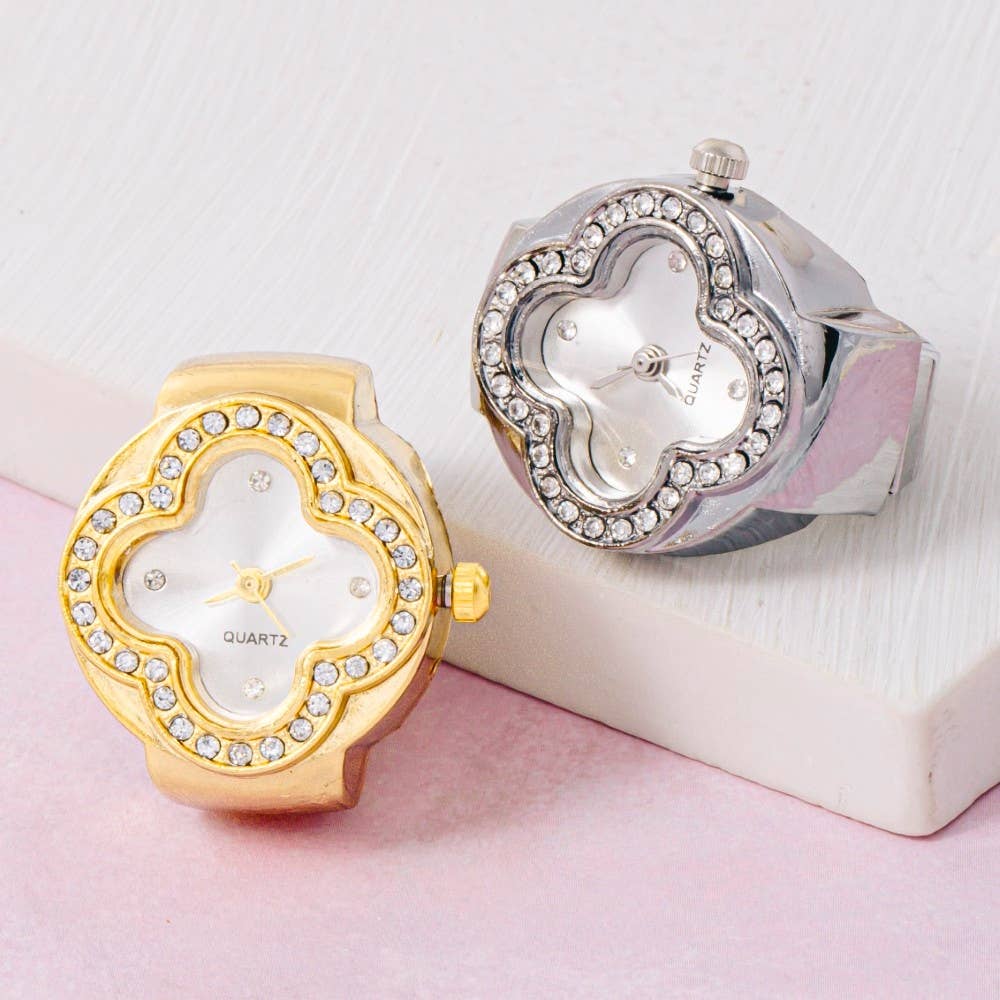 Stainless Steel Cz Clover Ring Watch