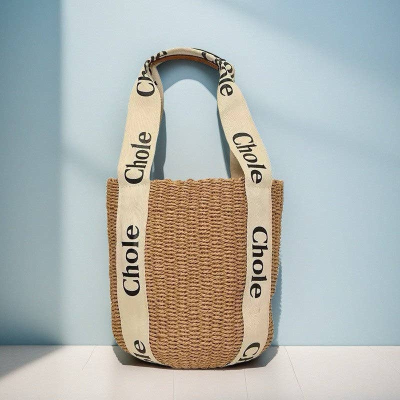 Letter Print Woven Bucket Bag Tote Bag