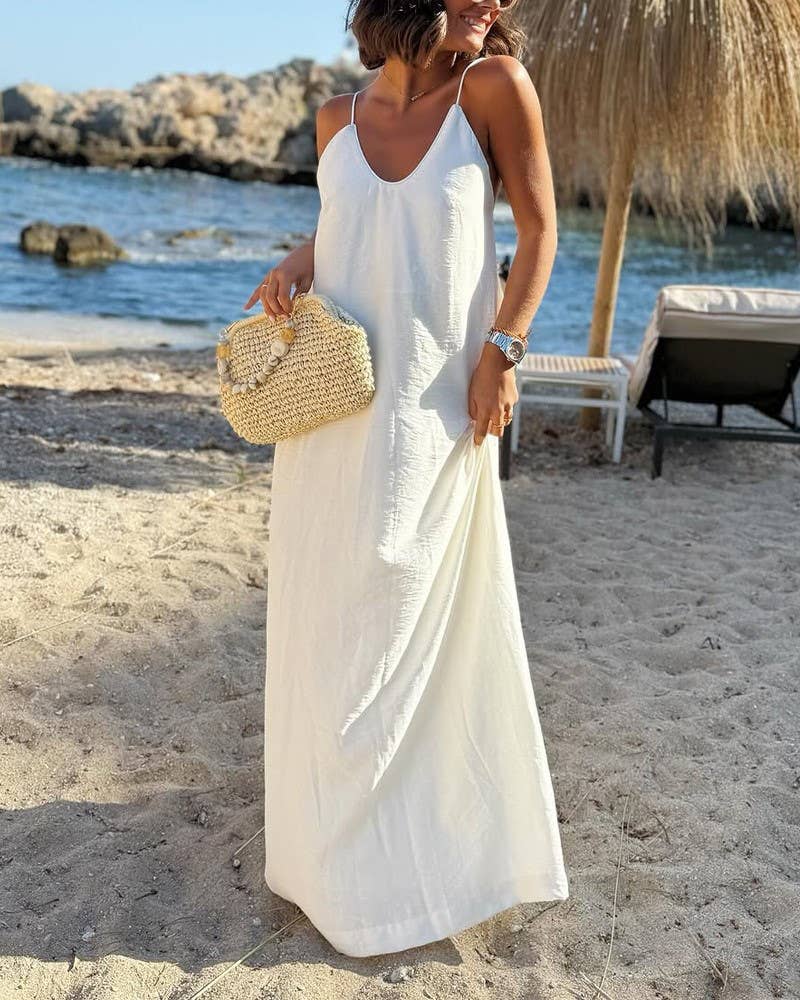 Beach Casual V-Neck Back Cross Backless Cami Maxi Dress