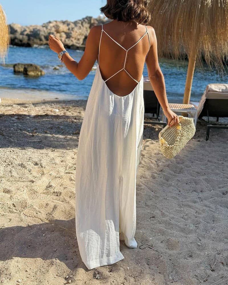 Beach Casual V-Neck Back Cross Backless Cami Maxi Dress