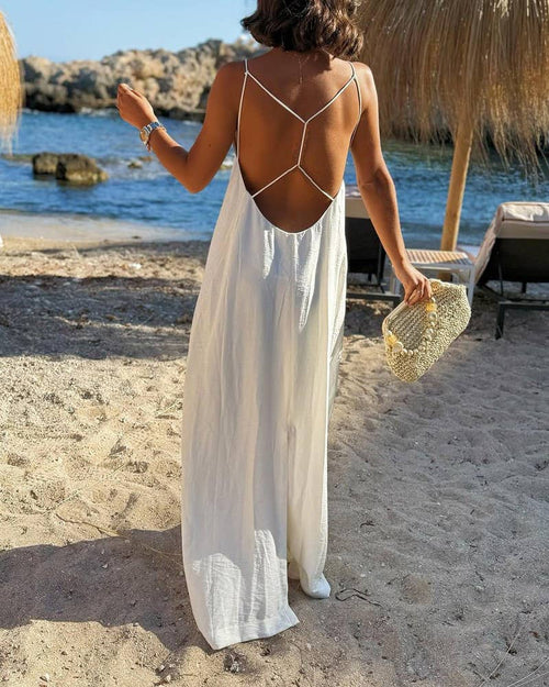 Beach Casual V-Neck Back Cross Backless Cami Maxi Dress