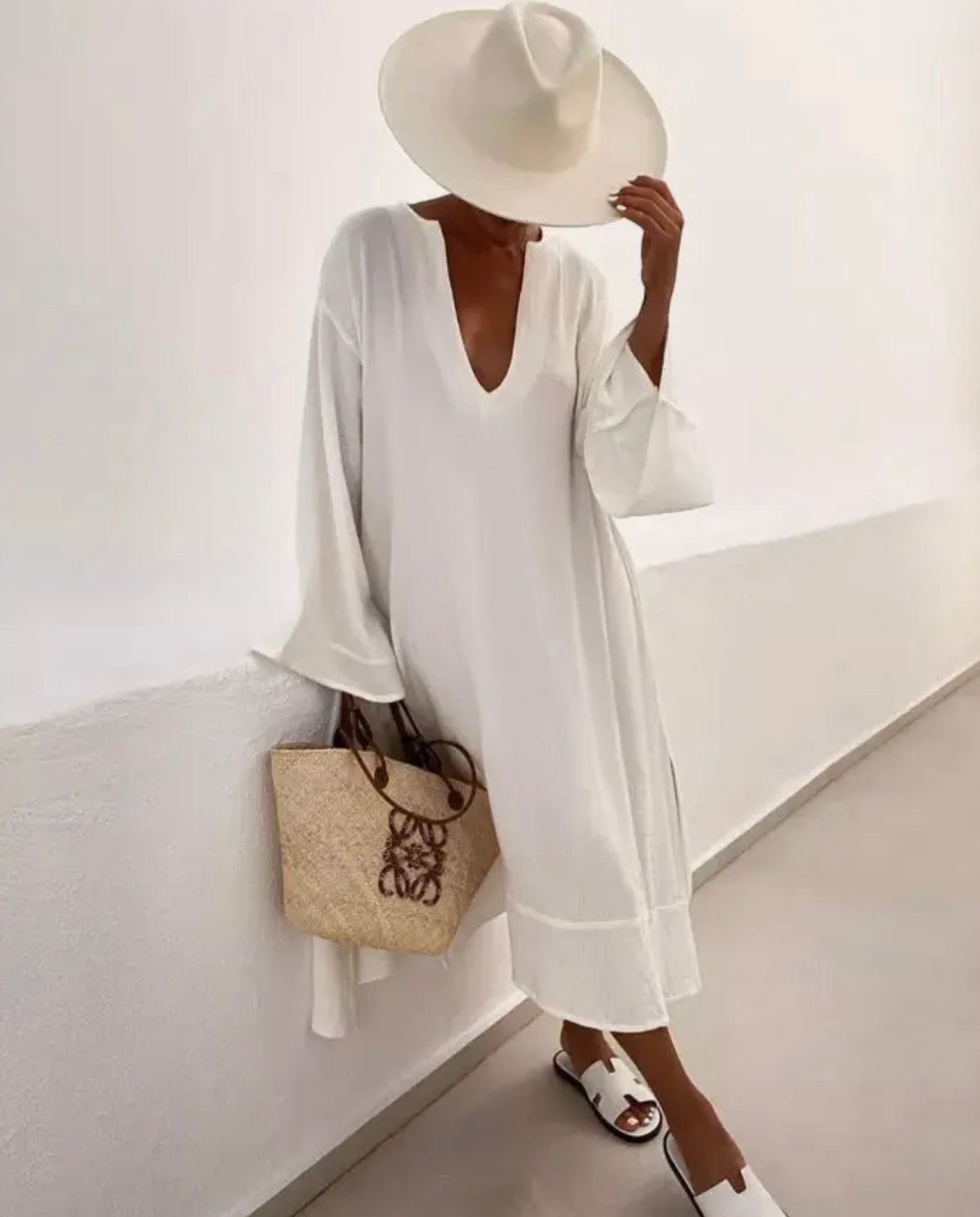 Resort Chic Flared Sleeve Deep V-Neck Midi Dress