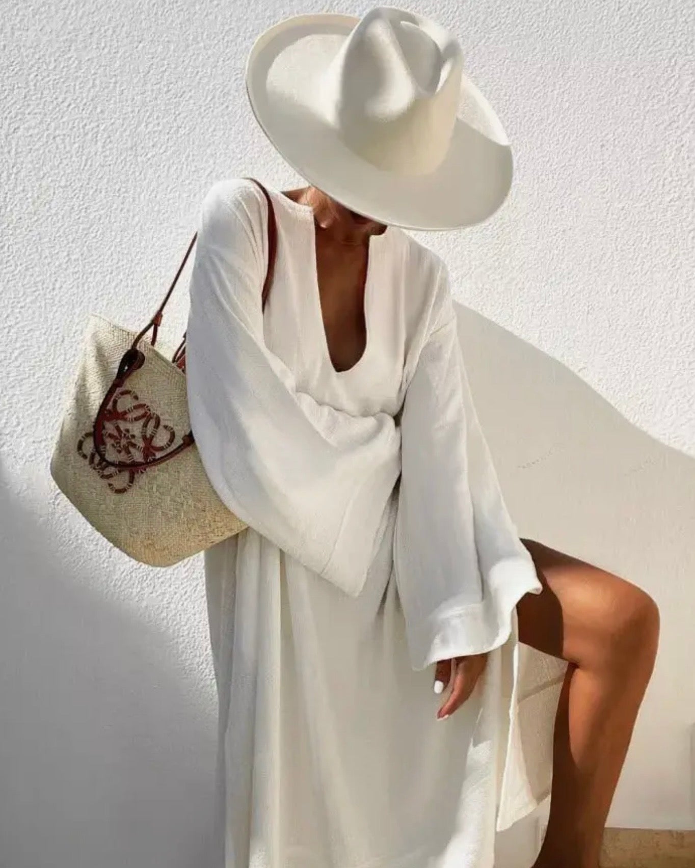 Resort Chic Flared Sleeve Deep V-Neck Midi Dress