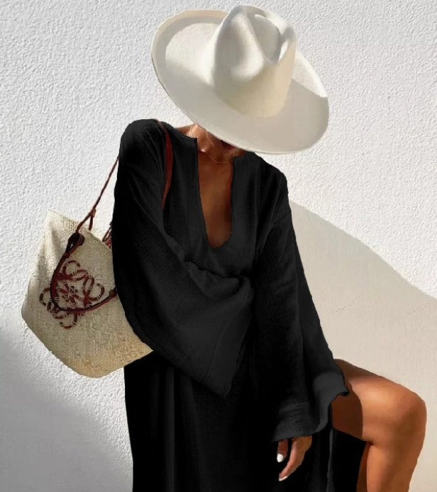 Resort Chic Flared Sleeve Deep V-Neck Midi Dress
