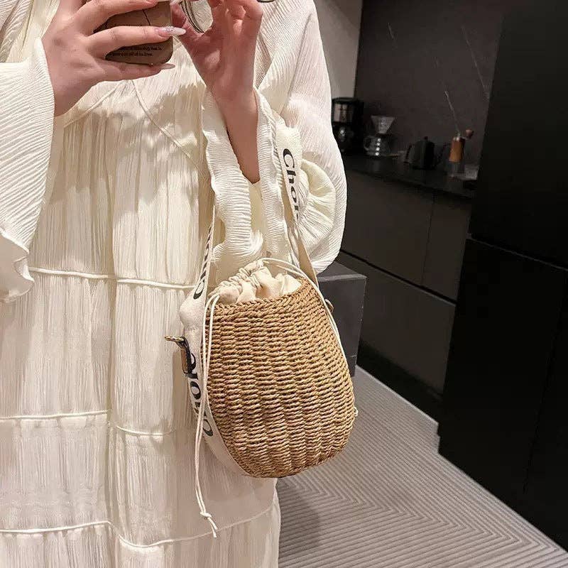 Letter Ribbon Woven Bucket Bag Stylish Casual Straw Handbag