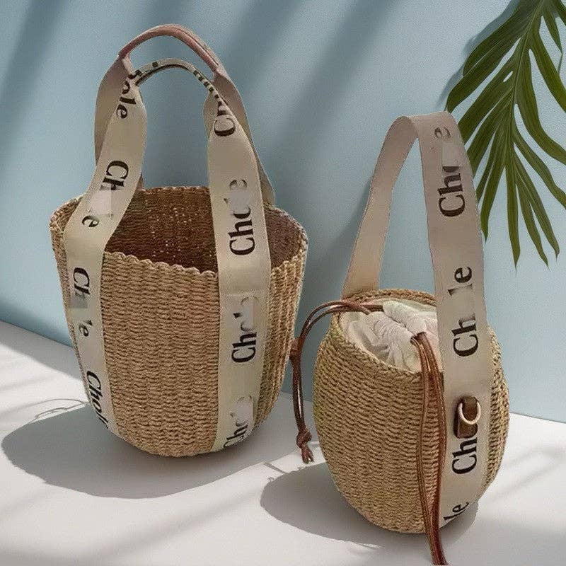 Letter Print Woven Bucket Bag Tote Bag