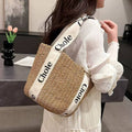 Letter Ribbon Woven Bucket Bag Stylish Casual Straw Handbag