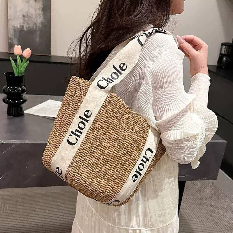 Letter Ribbon Woven Bucket Bag Stylish Casual Straw Handbag
