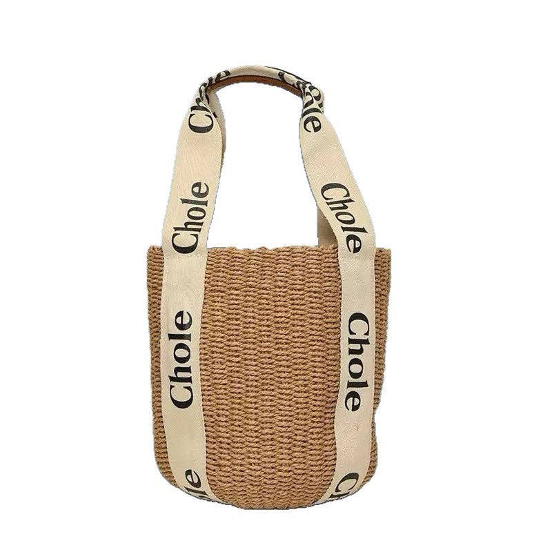 Letter Print Woven Bucket Bag Tote Bag
