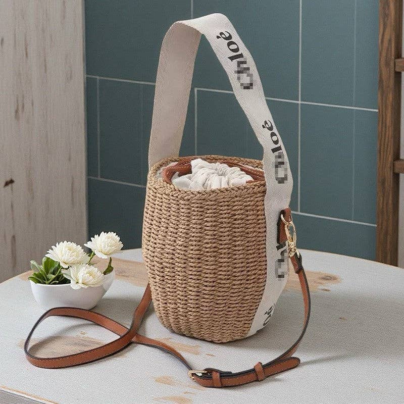Letter Print Woven Bucket Bag Tote Bag