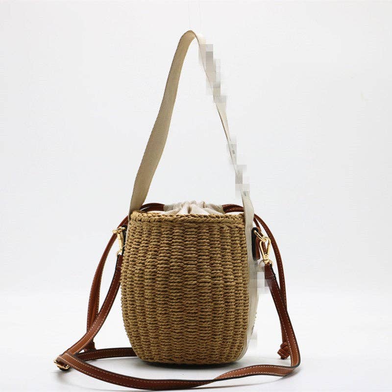 Letter Ribbon Woven Bucket Bag Stylish Casual Straw Handbag