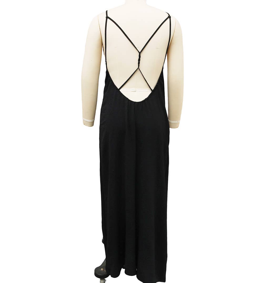 Beach Casual V-Neck Back Cross Backless Cami Maxi Dress